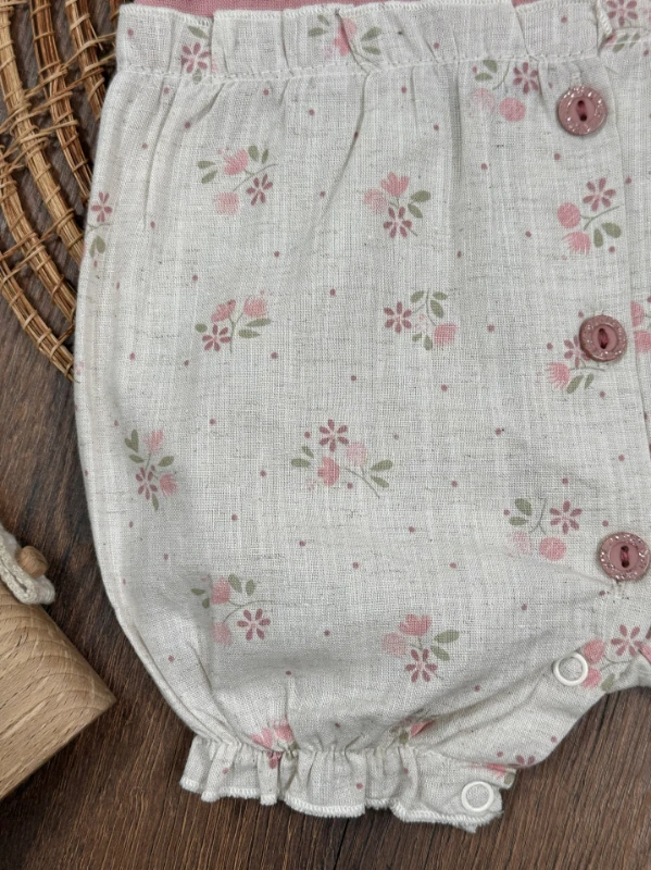 Müslin Yaka Güpürlü Önden Düğmeli Alttan Çıtçıtlı Yazlık Kız Bebek Tulum - PUDRA