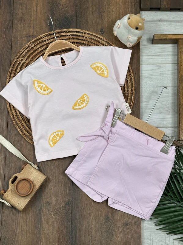 Limon Nakışlı Şort Etekli Yazlık Kız Bebek Takım - PEMBE