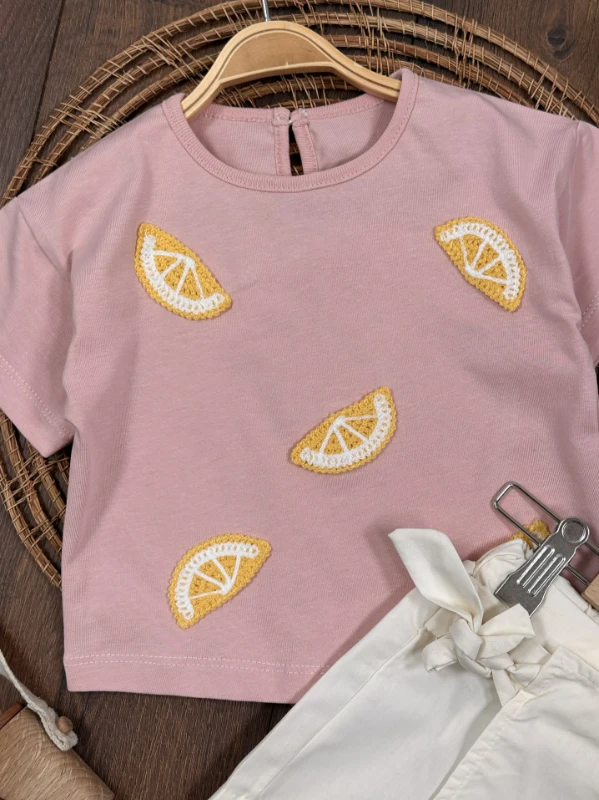 Limon Nakışlı Şort Etekli Yazlık Kız Bebek Takım - PUDRA