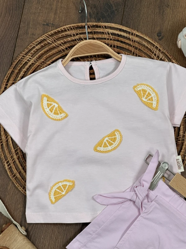 Limon Nakışlı Şort Etekli Yazlık Kız Bebek Takım - PUDRA