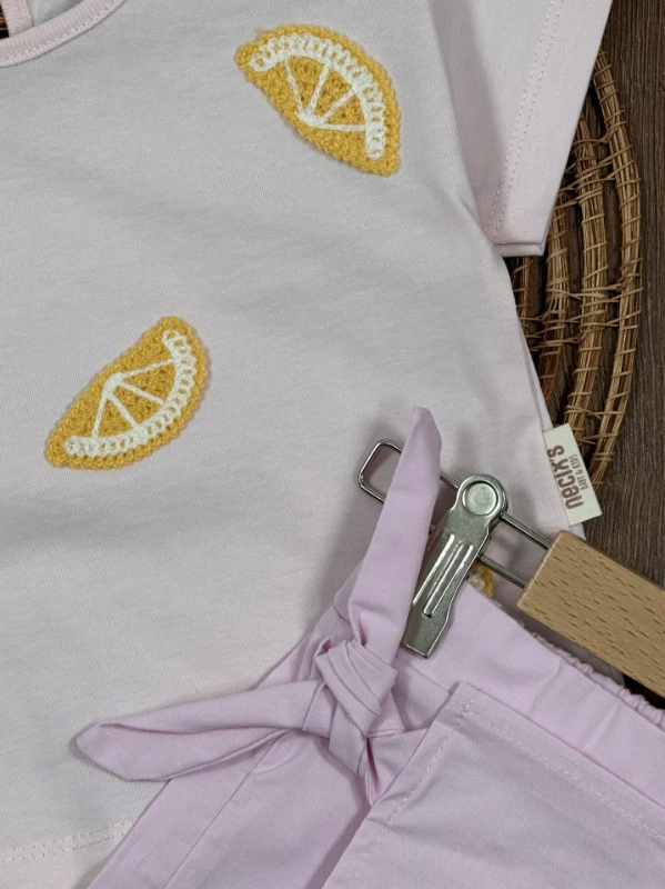 Limon Nakışlı Şort Etekli Yazlık Kız Bebek Takım - PUDRA