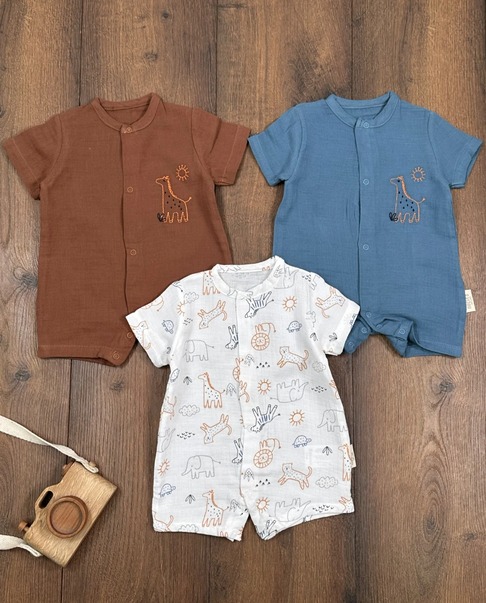 Müslin Safari Baskılı Çıtçıtlı Yazlık 3lü Yenidoğan Erkek Bebek Tulum Set - KARIŞIK