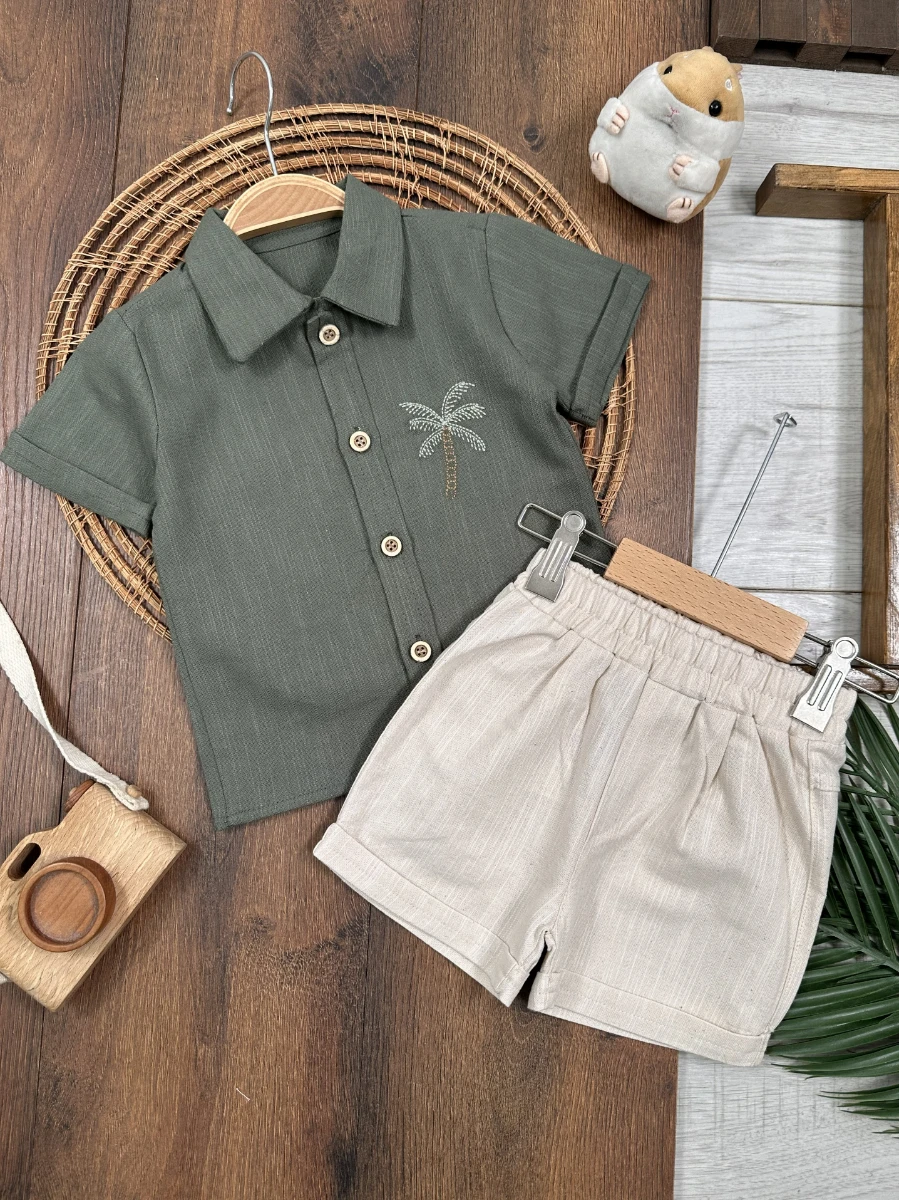 Palmiye Nakışlı Önden Düğmeli Yazlık Erkek Bebek Takım - YEŞİL