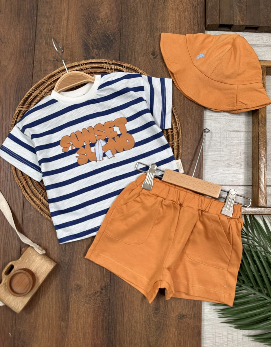 Çizgili Şapkalı Yazlık Erkek Bebek Takım - TABA
