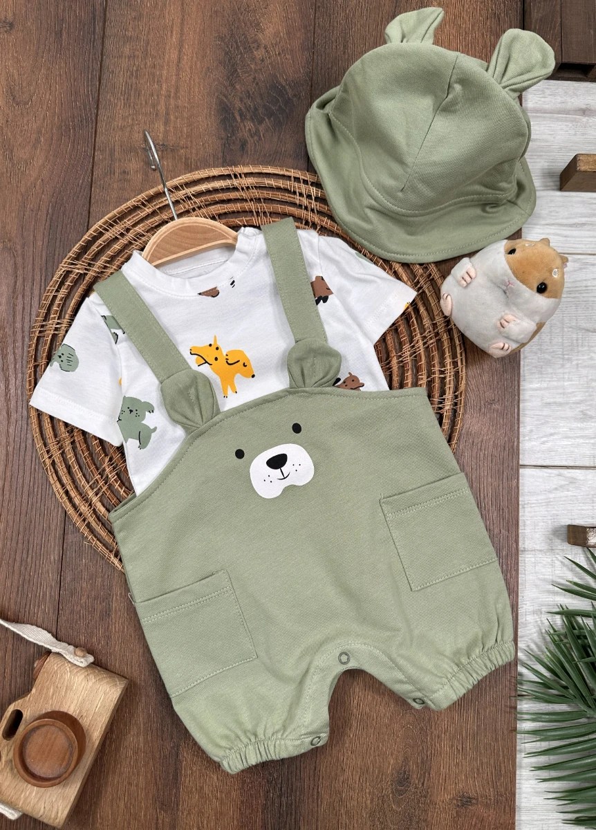 Sevimli Köpek Baskılı Safari Şapkalı Alttan Çıtçıtlı Badili Salopet Yazlık Erkek Bebek Takım - YEŞİL