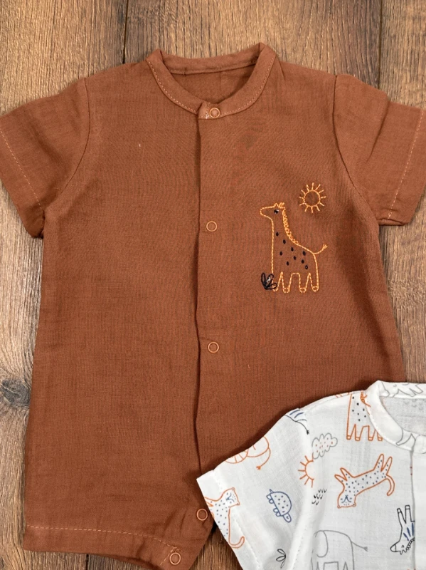 Müslin Safari Baskılı Çıtçıtlı Yazlık 3lü Yenidoğan Erkek Bebek Tulum Set - KARIŞIK