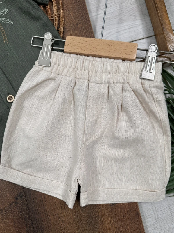 Palmiye Nakışlı Önden Düğmeli Yazlık Erkek Bebek Takım - BEJ