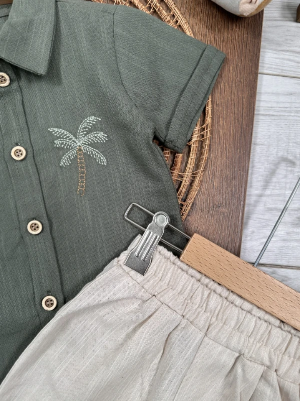 Palmiye Nakışlı Önden Düğmeli Yazlık Erkek Bebek Takım - BEJ
