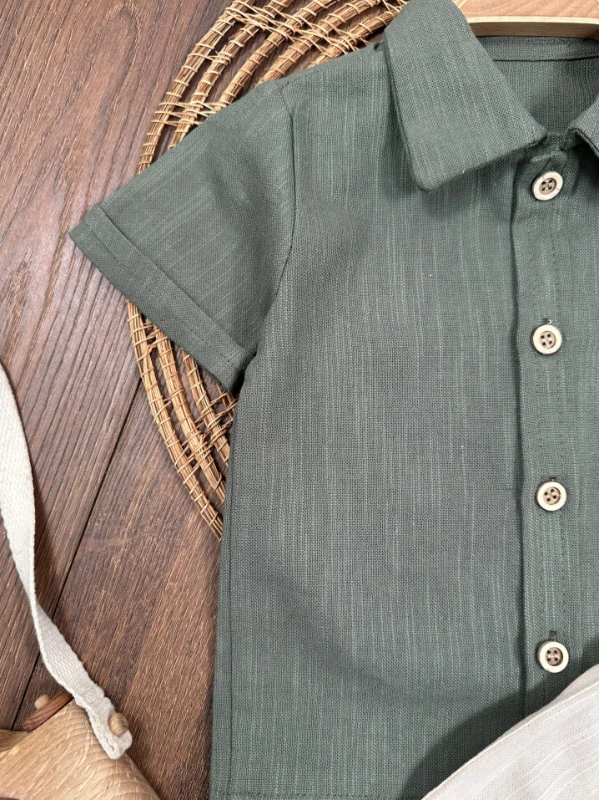 Palmiye Nakışlı Önden Düğmeli Yazlık Erkek Bebek Takım - BEJ