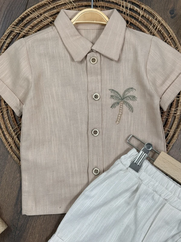 Palmiye Nakışlı Önden Düğmeli Yazlık Erkek Bebek Takım - BEJ