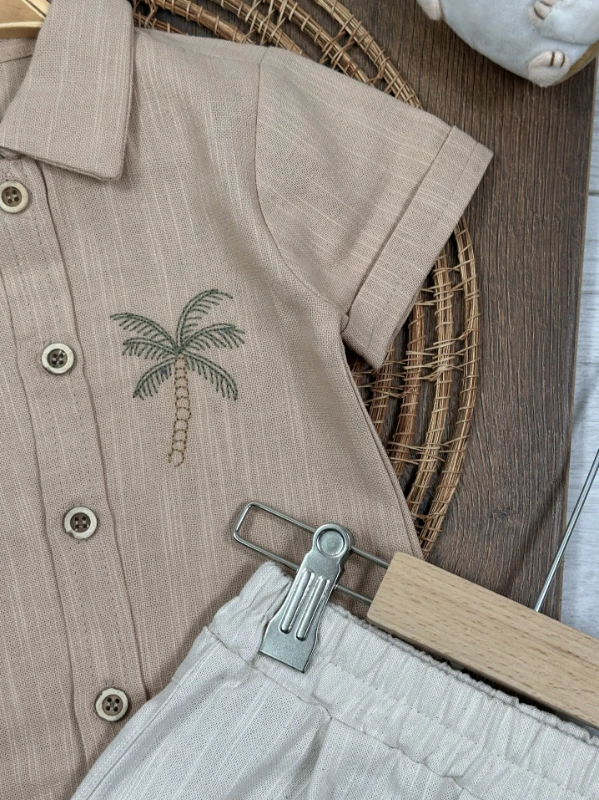Palmiye Nakışlı Önden Düğmeli Yazlık Erkek Bebek Takım - BEJ
