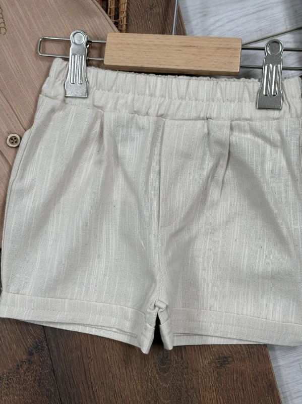 Palmiye Nakışlı Önden Düğmeli Yazlık Erkek Bebek Takım - BEJ