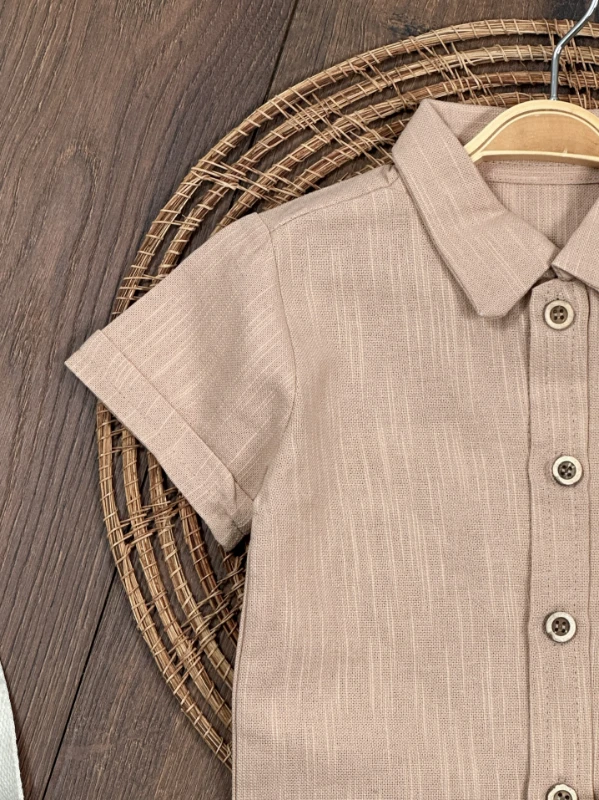 Palmiye Nakışlı Önden Düğmeli Yazlık Erkek Bebek Takım - BEJ