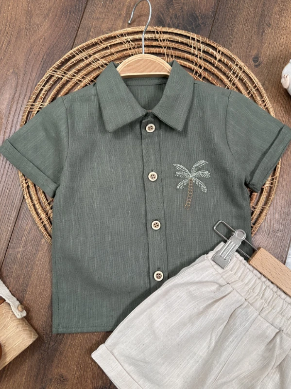 Palmiye Nakışlı Önden Düğmeli Yazlık Erkek Bebek Takım - BEJ