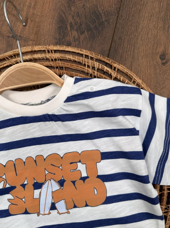 Çizgili Şapkalı Yazlık Erkek Bebek Takım - TABA