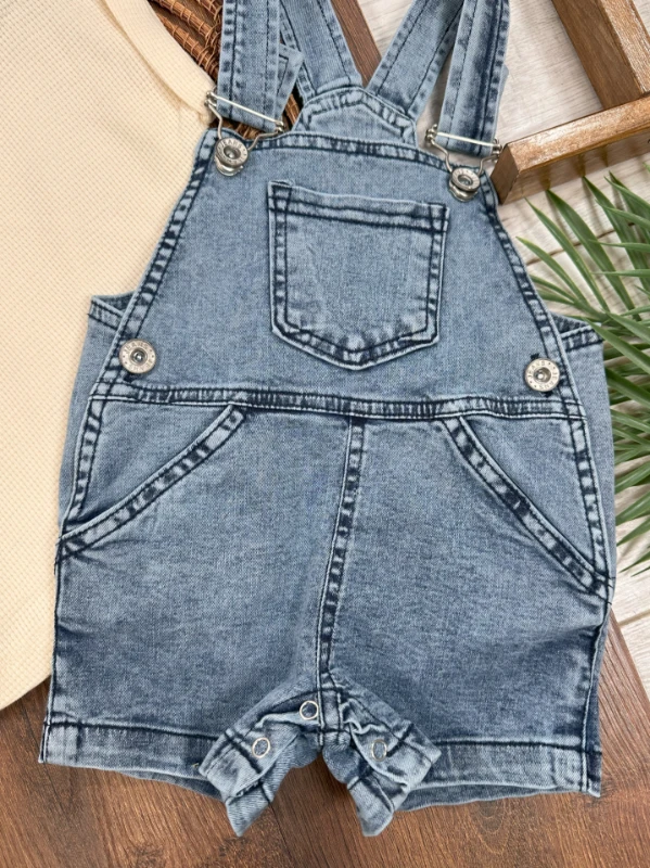 Kot Salopet Şapkalı Waffle T-shirt Kanguru Cep Unisex Yazlık Bebek Takım - MAVİ