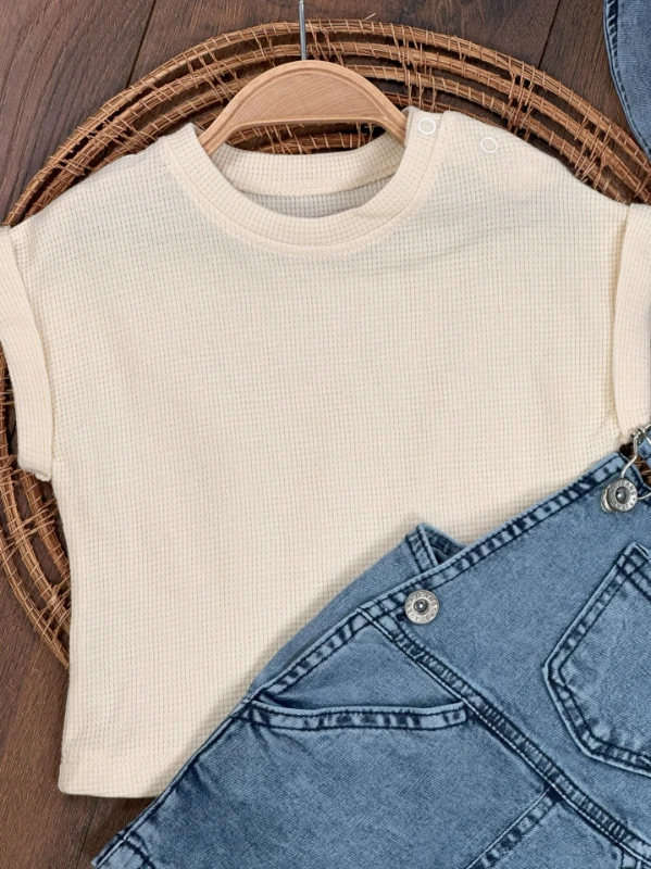 Kot Salopet Şapkalı Waffle T-shirt Kanguru Cep Unisex Yazlık Bebek Takım - MAVİ