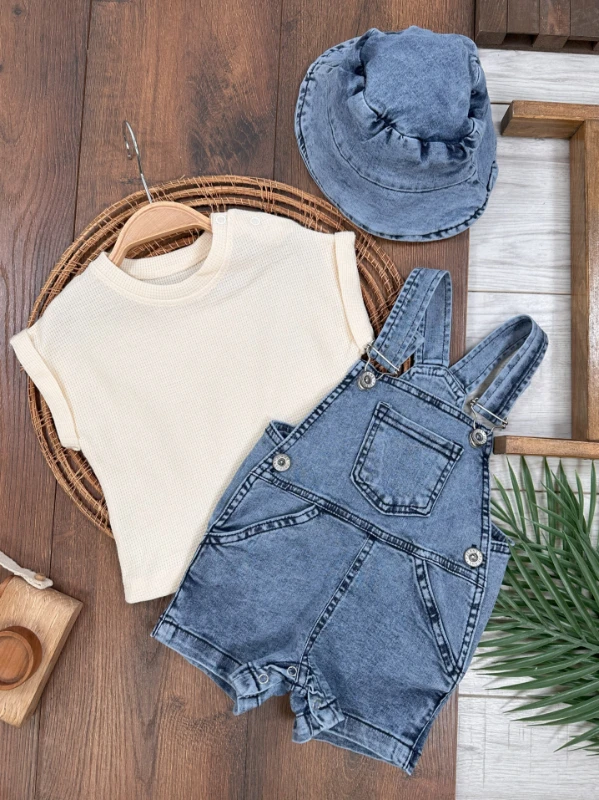 Kot Salopet Şapkalı Waffle T-shirt Kanguru Cep Unisex Yazlık Bebek Takım - MAVİ