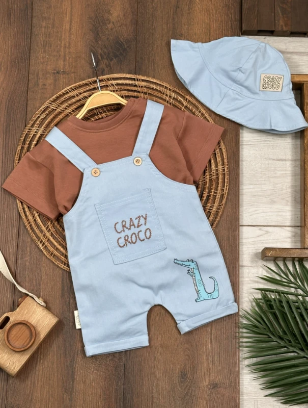 Crocodil Nakışlı ŞapkalıKeten Yazlık Salopet Erkek Bebek Takım - KAHVE