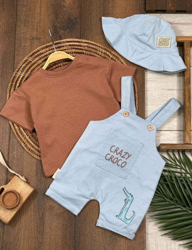 Crocodil Nakışlı ŞapkalıKeten Yazlık Salopet Erkek Bebek Takım - KAHVE