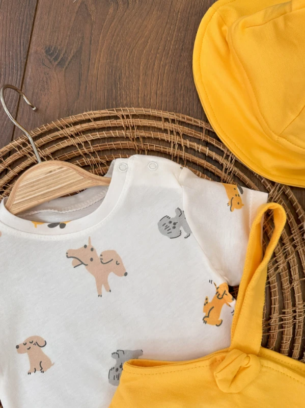 Sevimli Köpek Baskılı Safari Şapkalı Alttan Çıtçıtlı Badili Salopet Yazlık Erkek Bebek Takım - YEŞİL