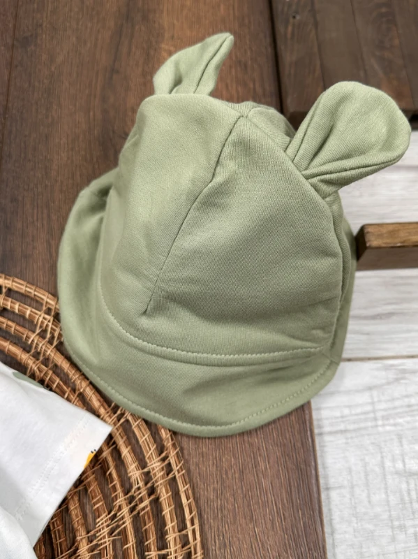 Sevimli Köpek Baskılı Safari Şapkalı Alttan Çıtçıtlı Badili Salopet Yazlık Erkek Bebek Takım - YEŞİL