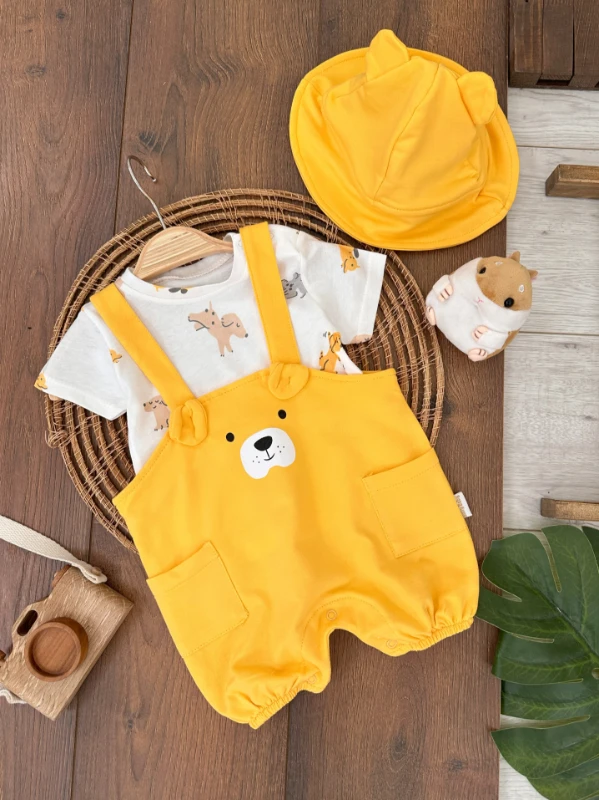 Sevimli Köpek Baskılı Safari Şapkalı Alttan Çıtçıtlı Badili Salopet Yazlık Erkek Bebek Takım - HARDAL