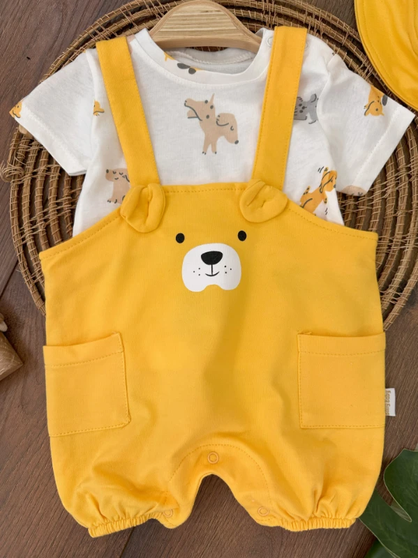 Sevimli Köpek Baskılı Safari Şapkalı Alttan Çıtçıtlı Badili Salopet Yazlık Erkek Bebek Takım - YEŞİL