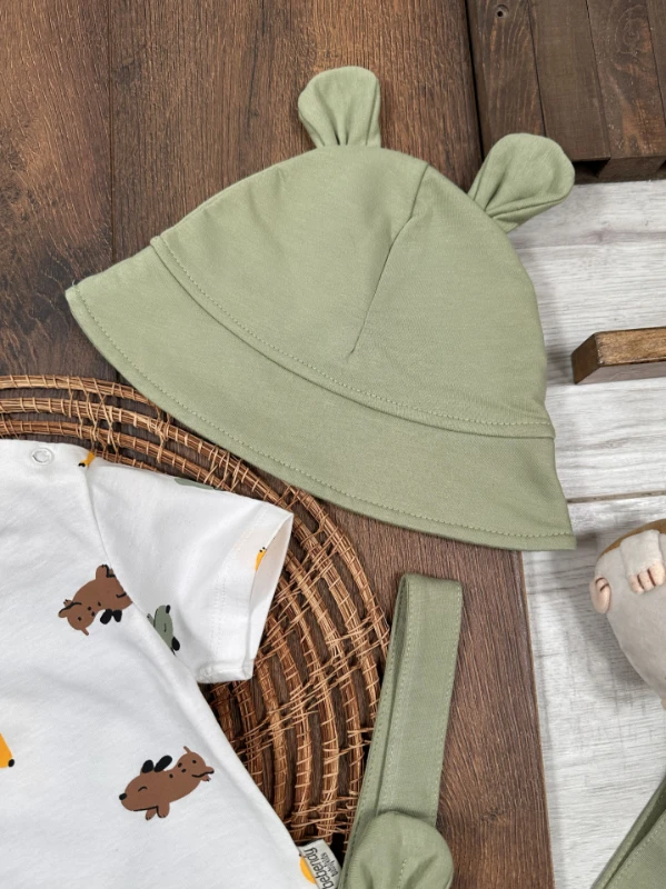 Sevimli Köpek Baskılı Safari Şapkalı Alttan Çıtçıtlı Badili Salopet Yazlık Erkek Bebek Takım - YEŞİL