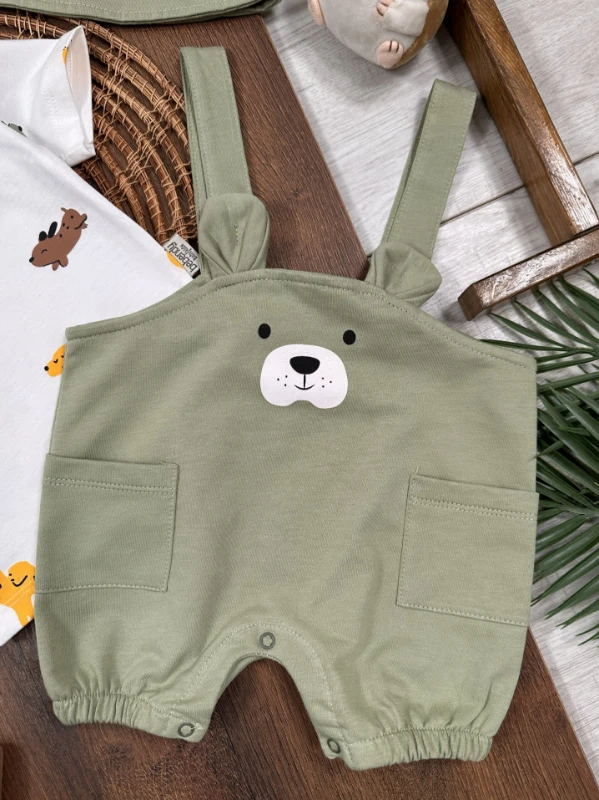 Sevimli Köpek Baskılı Safari Şapkalı Alttan Çıtçıtlı Badili Salopet Yazlık Erkek Bebek Takım - YEŞİL