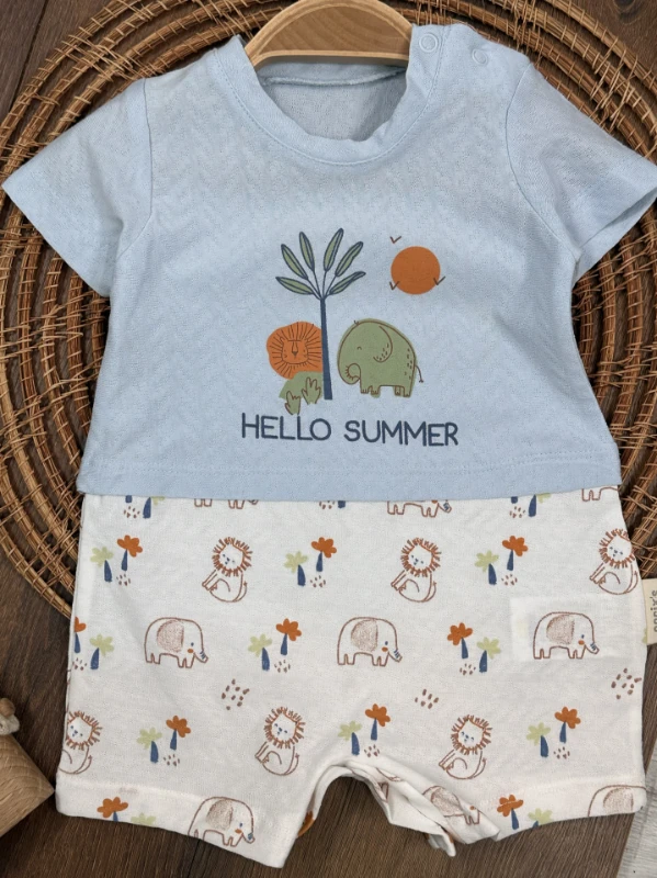 Safari Baskılı Alttan Çıtçıtlı Yazlık Erkek Bebek Tulum - MAVİ