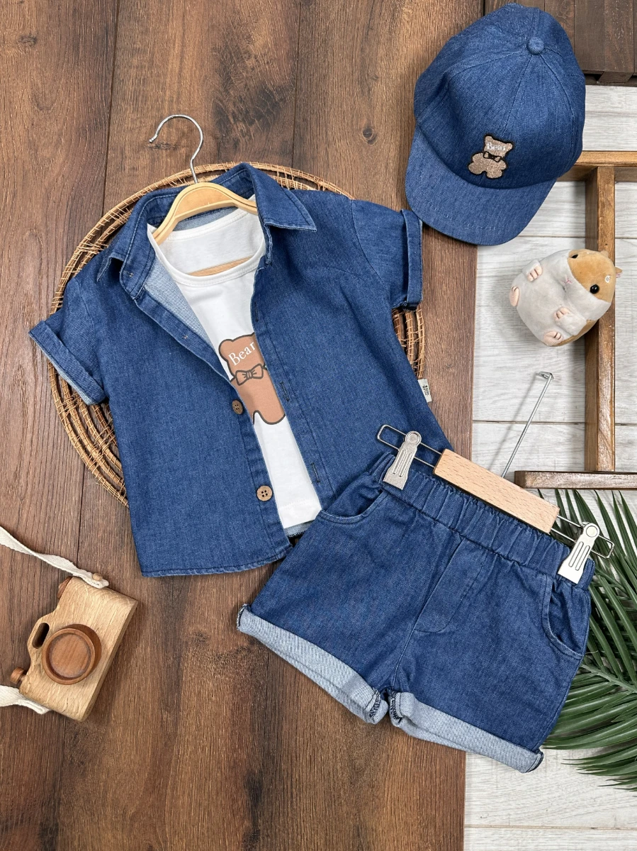 Şapkalı Ayıcık Desenli Atlet Badili Likralı Kot 4lü Yazlık Erkek Bebek Takım - İNDİGO