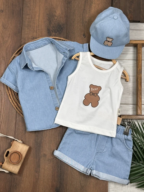 Şapkalı Ayıcık Desenli Atlet Badili Likralı Kot 4lü Yazlık Erkek Bebek Takım - MAVİ
