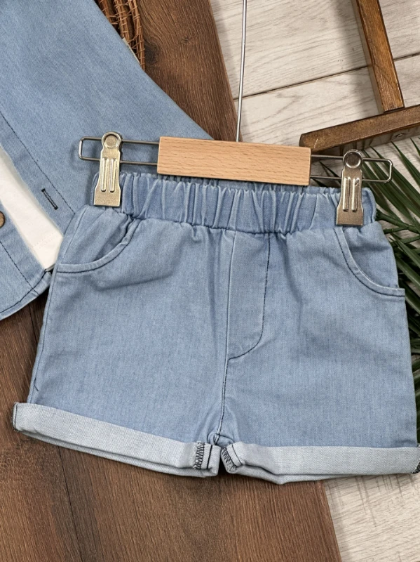 Şapkalı Ayıcık Desenli Atlet Badili Likralı Kot 4lü Yazlık Erkek Bebek Takım - MAVİ