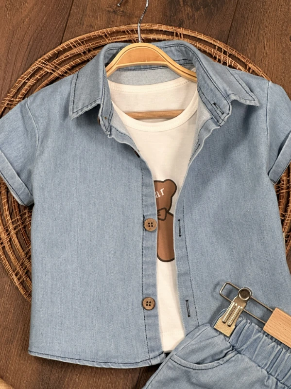 Şapkalı Ayıcık Desenli Atlet Badili Likralı Kot 4lü Yazlık Erkek Bebek Takım - MAVİ