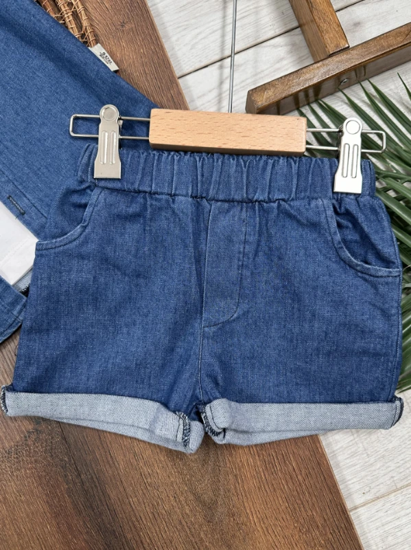 Şapkalı Ayıcık Desenli Atlet Badili Likralı Kot 4lü Yazlık Erkek Bebek Takım - MAVİ