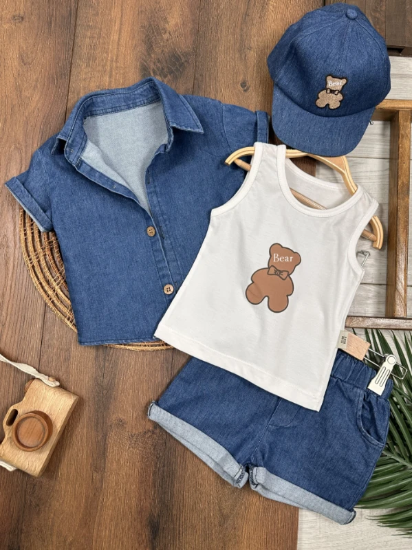 Şapkalı Ayıcık Desenli Atlet Badili Likralı Kot 4lü Yazlık Erkek Bebek Takım - MAVİ