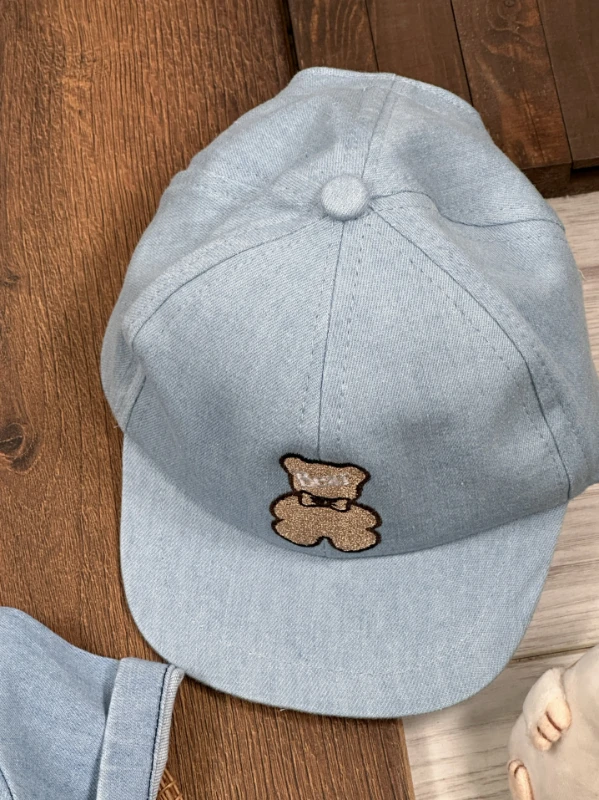 Şapkalı Ayıcık Desenli Atlet Badili Likralı Kot 4lü Yazlık Erkek Bebek Takım - MAVİ