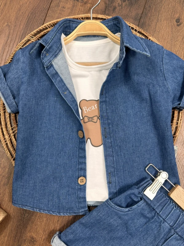 Şapkalı Ayıcık Desenli Atlet Badili Likralı Kot 4lü Yazlık Erkek Bebek Takım - MAVİ