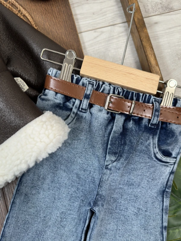 Deri Kürklü Mont-Ceket (Suni) Kemerli Badili Likralı Kot Pantolon Kışlık 4lü Erkek Bebek/Çocuk Takım - KREM