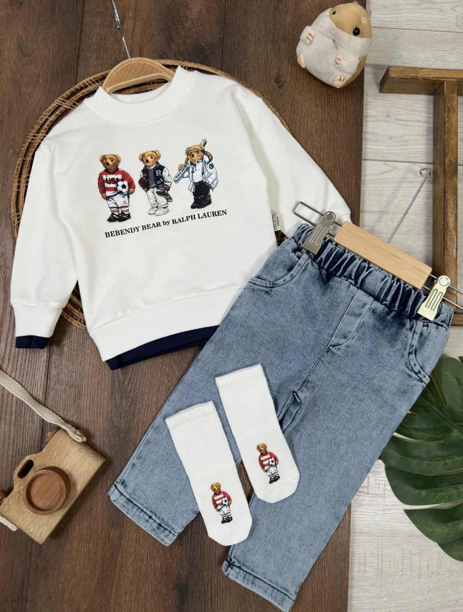 Ayıcık Baskılı Sweatshirt ÇORAPLI Likralı Kot Pantolon 3lü Erkek Bebek/Çocuk Takım - BEYAZ