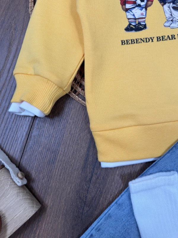 Ayıcık Baskılı Sweatshirt ÇORAPLI Likralı Kot Pantolon 3lü Erkek Bebek/Çocuk Takım - SARI