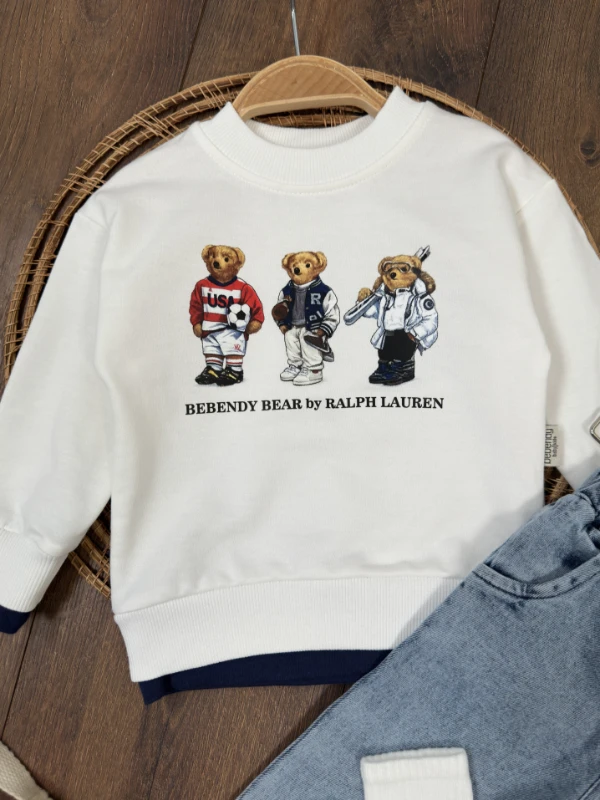 Ayıcık Baskılı Sweatshirt ÇORAPLI Likralı Kot Pantolon 3lü Erkek Bebek/Çocuk Takım - SARI