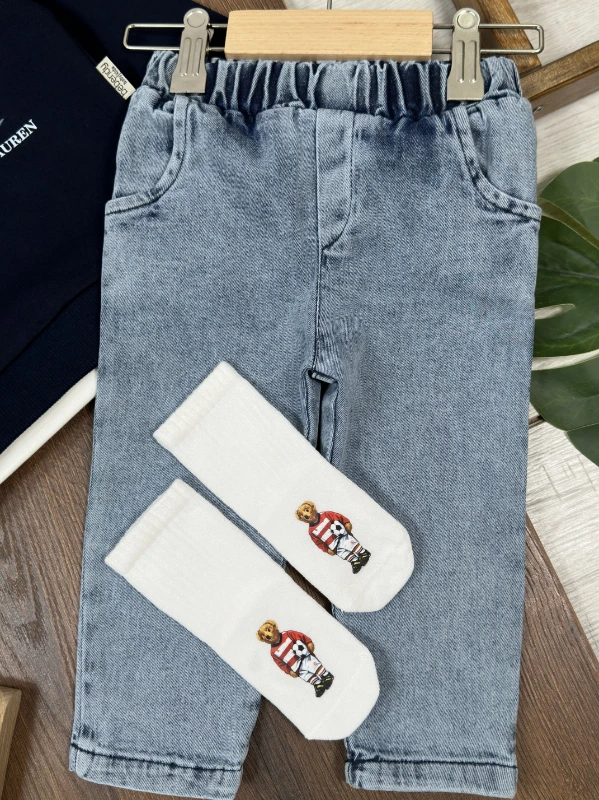 Ayıcık Baskılı Sweatshirt ÇORAPLI Likralı Kot Pantolon 3lü Erkek Bebek/Çocuk Takım - SARI