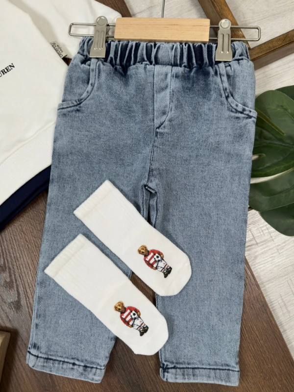 Ayıcık Baskılı Sweatshirt ÇORAPLI Likralı Kot Pantolon 3lü Erkek Bebek/Çocuk Takım - SARI