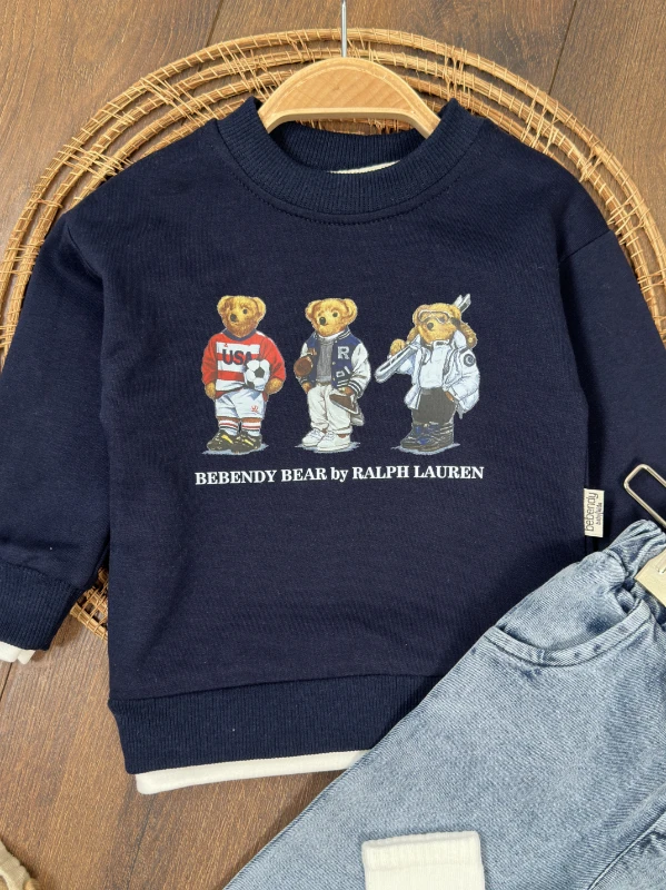 Ayıcık Baskılı Sweatshirt ÇORAPLI Likralı Kot Pantolon 3lü Erkek Bebek/Çocuk Takım - SARI