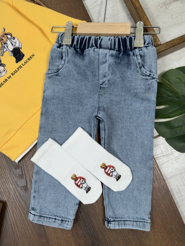 Ayıcık Baskılı Sweatshirt ÇORAPLI Likralı Kot Pantolon 3lü Erkek Bebek/Çocuk Takım - SARI