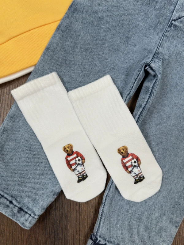 Ayıcık Baskılı Sweatshirt ÇORAPLI Likralı Kot Pantolon 3lü Erkek Bebek/Çocuk Takım - SARI