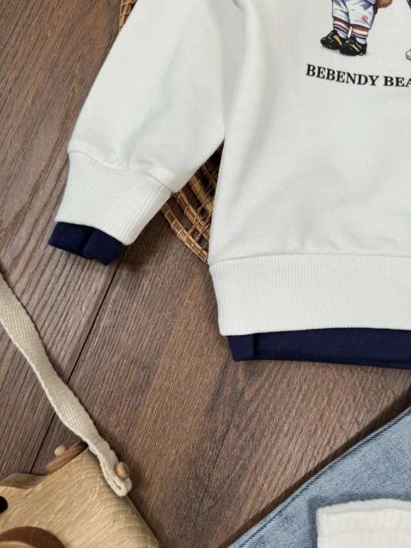 Ayıcık Baskılı Sweatshirt ÇORAPLI Likralı Kot Pantolon 3lü Erkek Bebek/Çocuk Takım - SARI