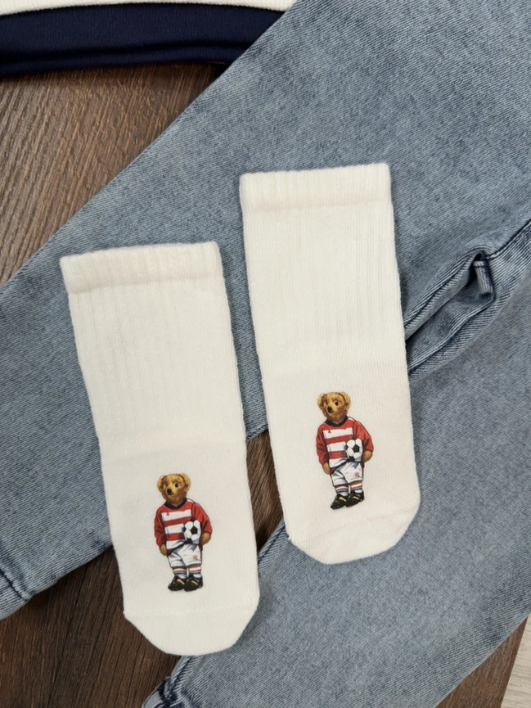 Ayıcık Baskılı Sweatshirt ÇORAPLI Likralı Kot Pantolon 3lü Erkek Bebek/Çocuk Takım - SARI